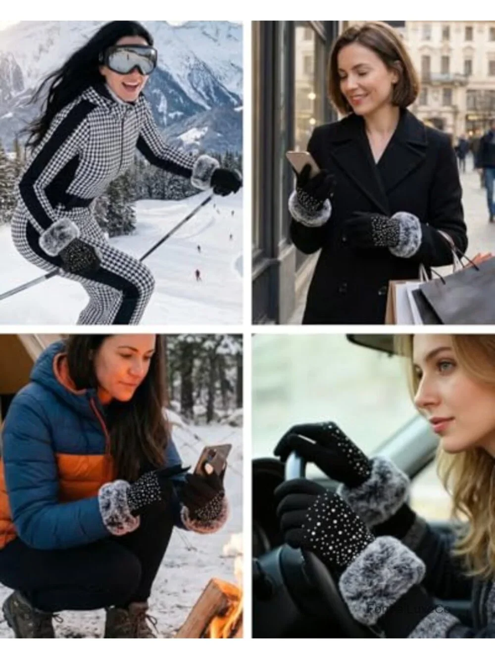 Rhinestone Touchscreen Fleece Lined Winter Gloves with Faux Fur Cuffs